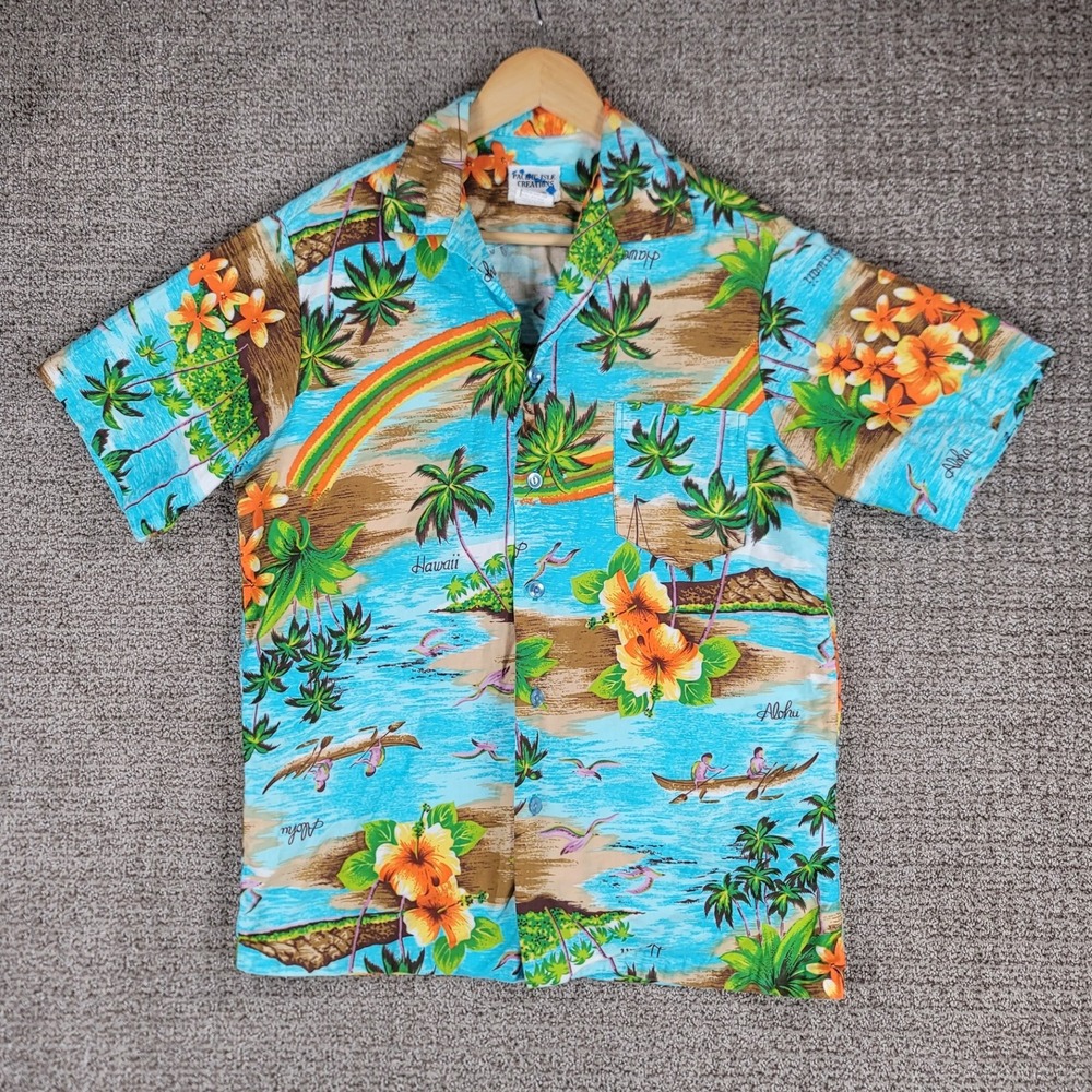 Pacific Isle Creations Vintage Hawaiian Shirt Mens M Aloha Beach Palm‎ Rainbow